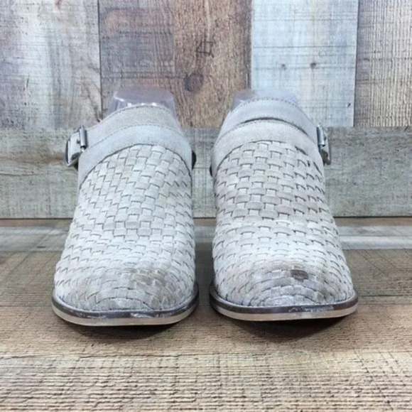 Rebel Gates Tan Leather Woven Weave Ankle Bootie Womens 8.5 Buckle Heeled Boots - Picture 2 of 12